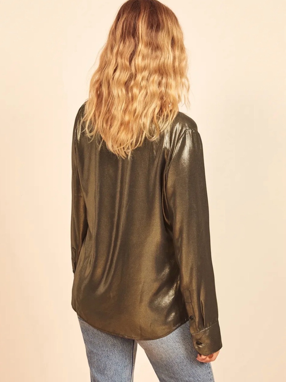 Reformation Nolan Top Metallic Gold Button-Up Shirt Jacket - Picture 6 of 9